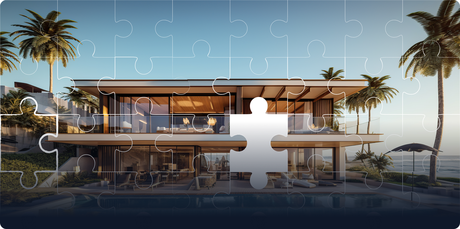 CEG Stake’s property investment artwork, showing a coastal villa as a connected puzzle